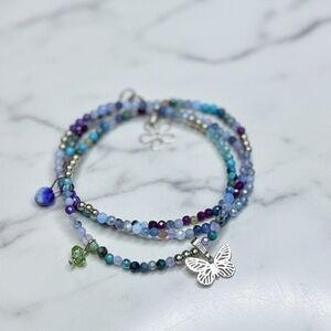 Dainty Colourful Triple Wire Wrap Bracelet w/Gold Filled Beads, Quartz, Agate